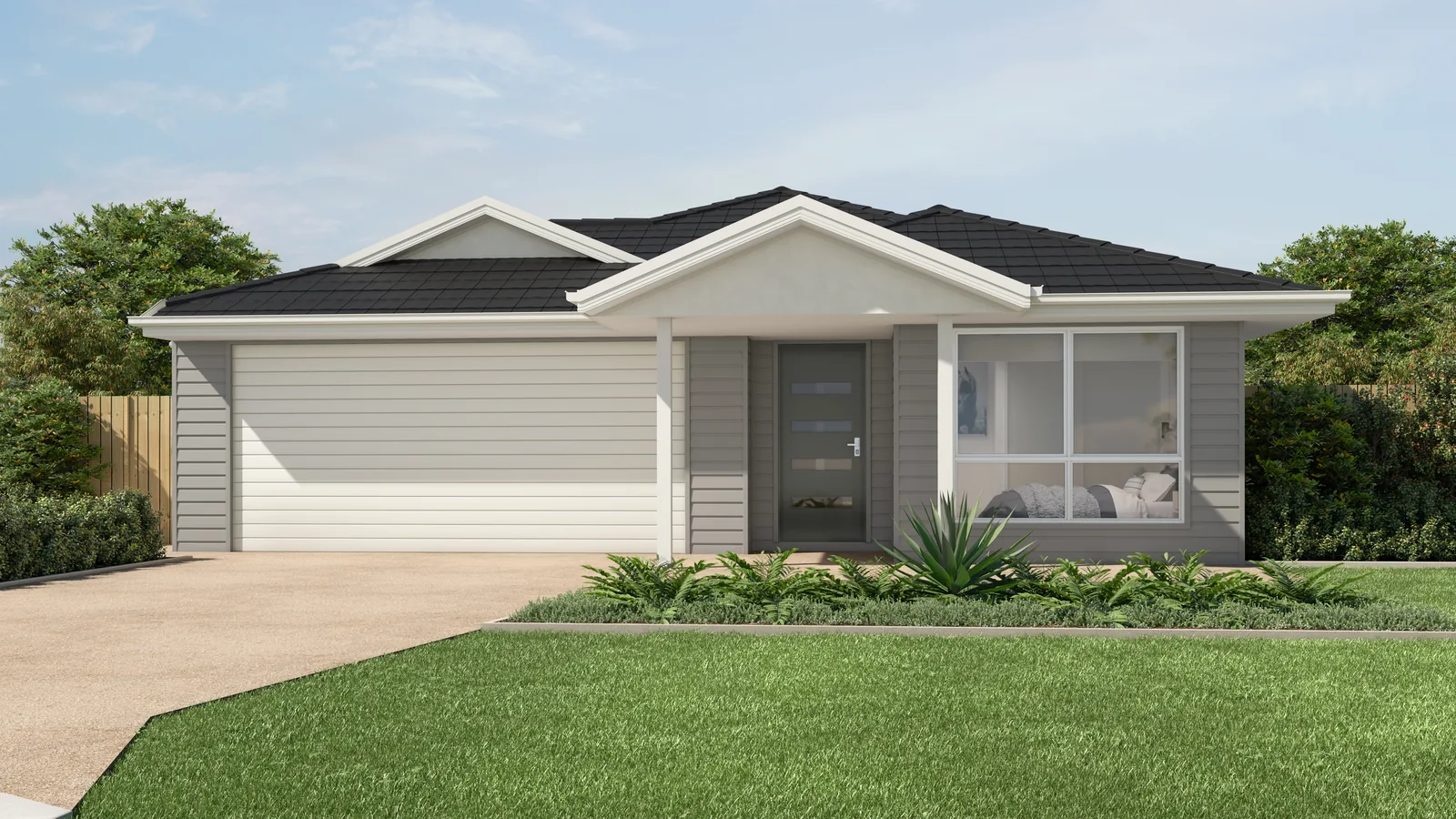 Modern white display-home facade with double garage